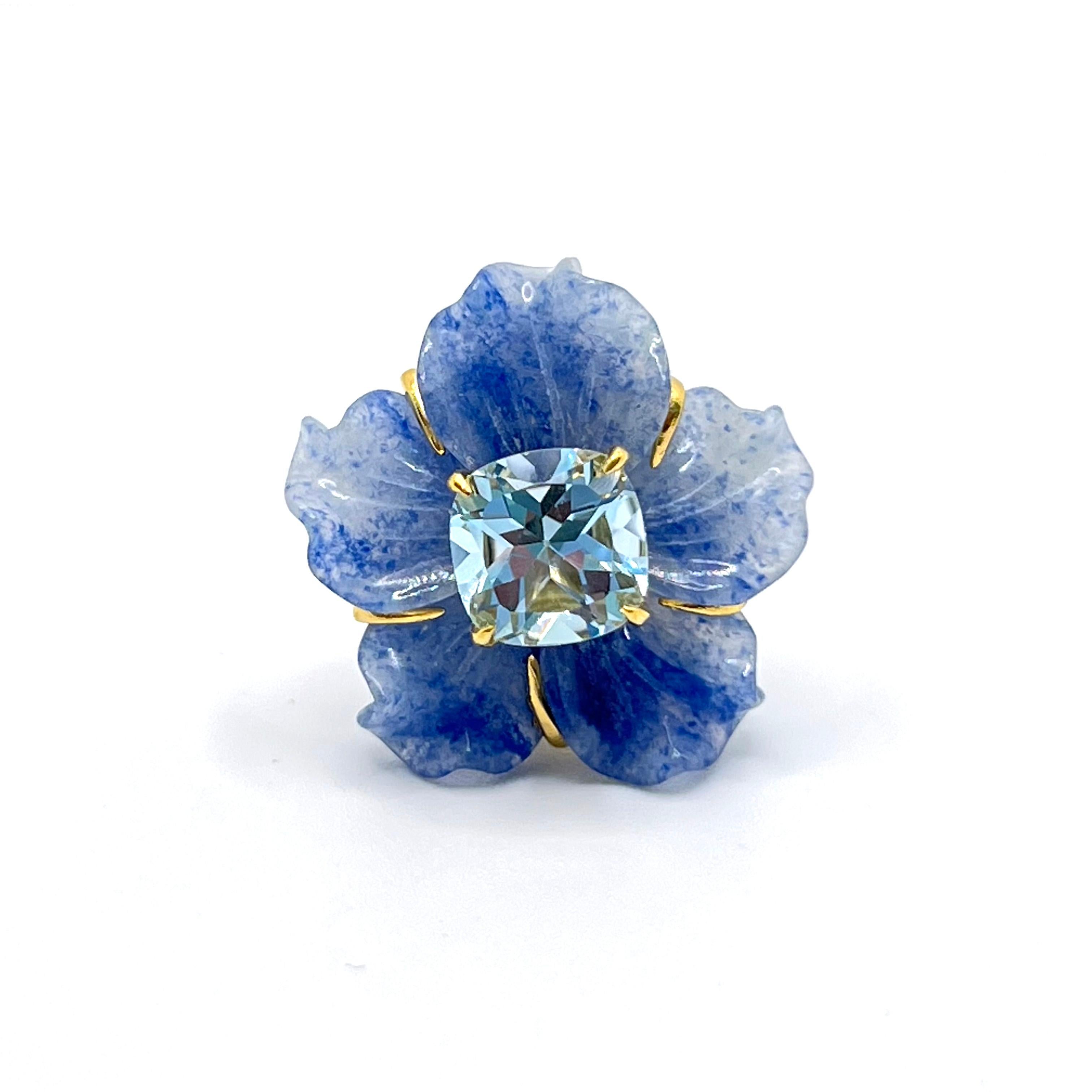 Artisan 24mm Carved Dumortierite Flower and Cushion Blue Topaz Vermeil Earrings For Sale