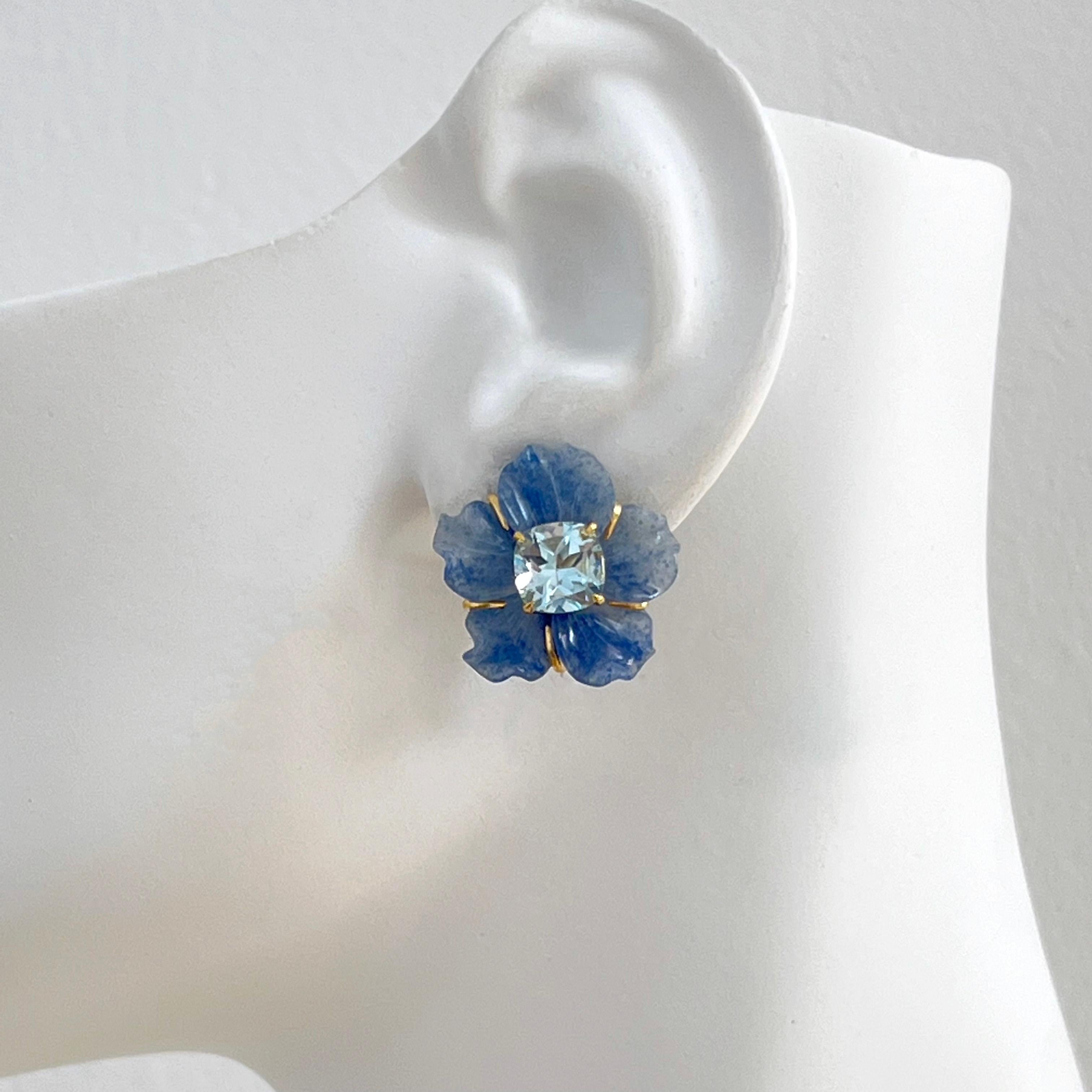 Women's 24mm Carved Dumortierite Flower and Cushion Blue Topaz Vermeil Earrings For Sale