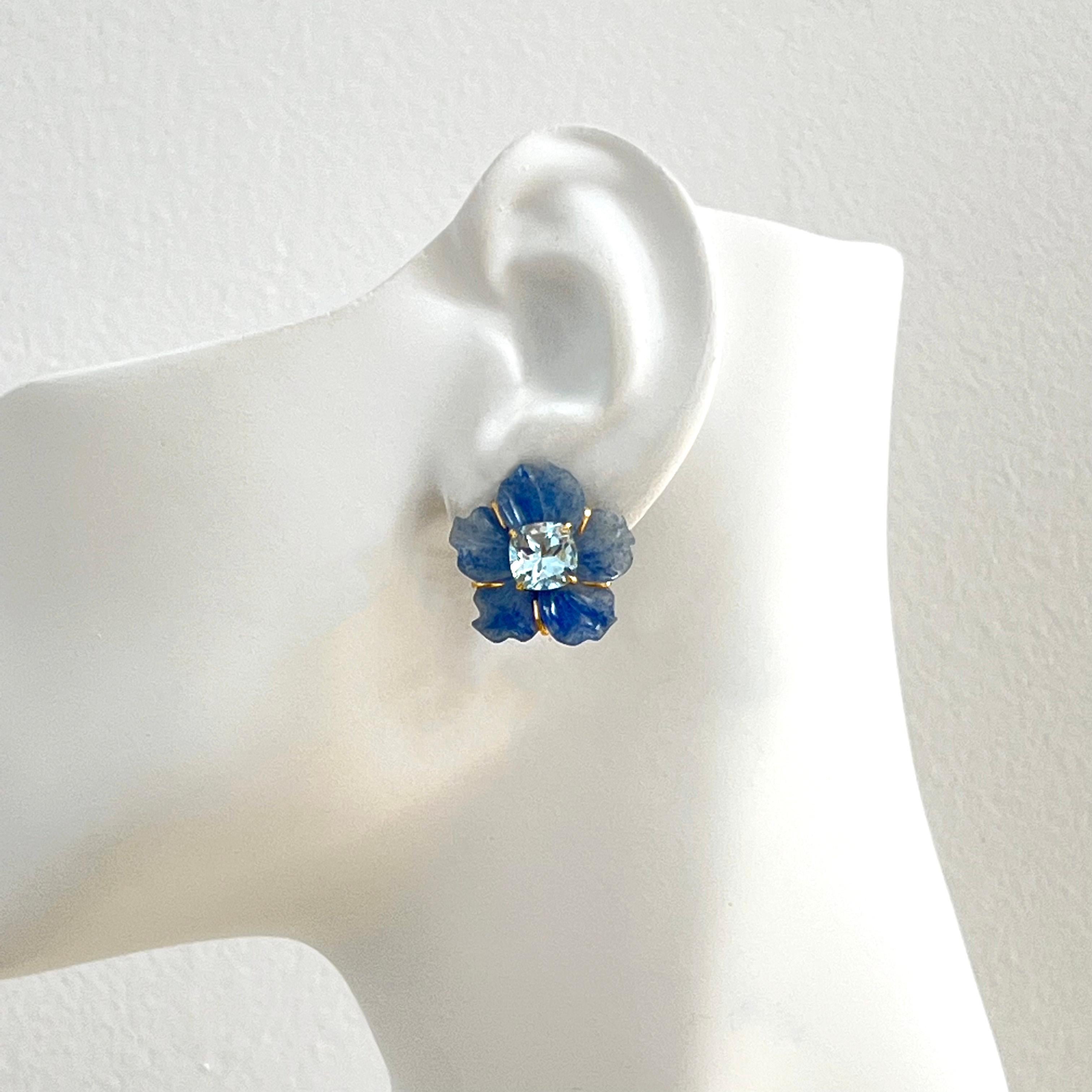 24mm Carved Dumortierite Flower and Cushion Blue Topaz Vermeil Earrings For Sale 1