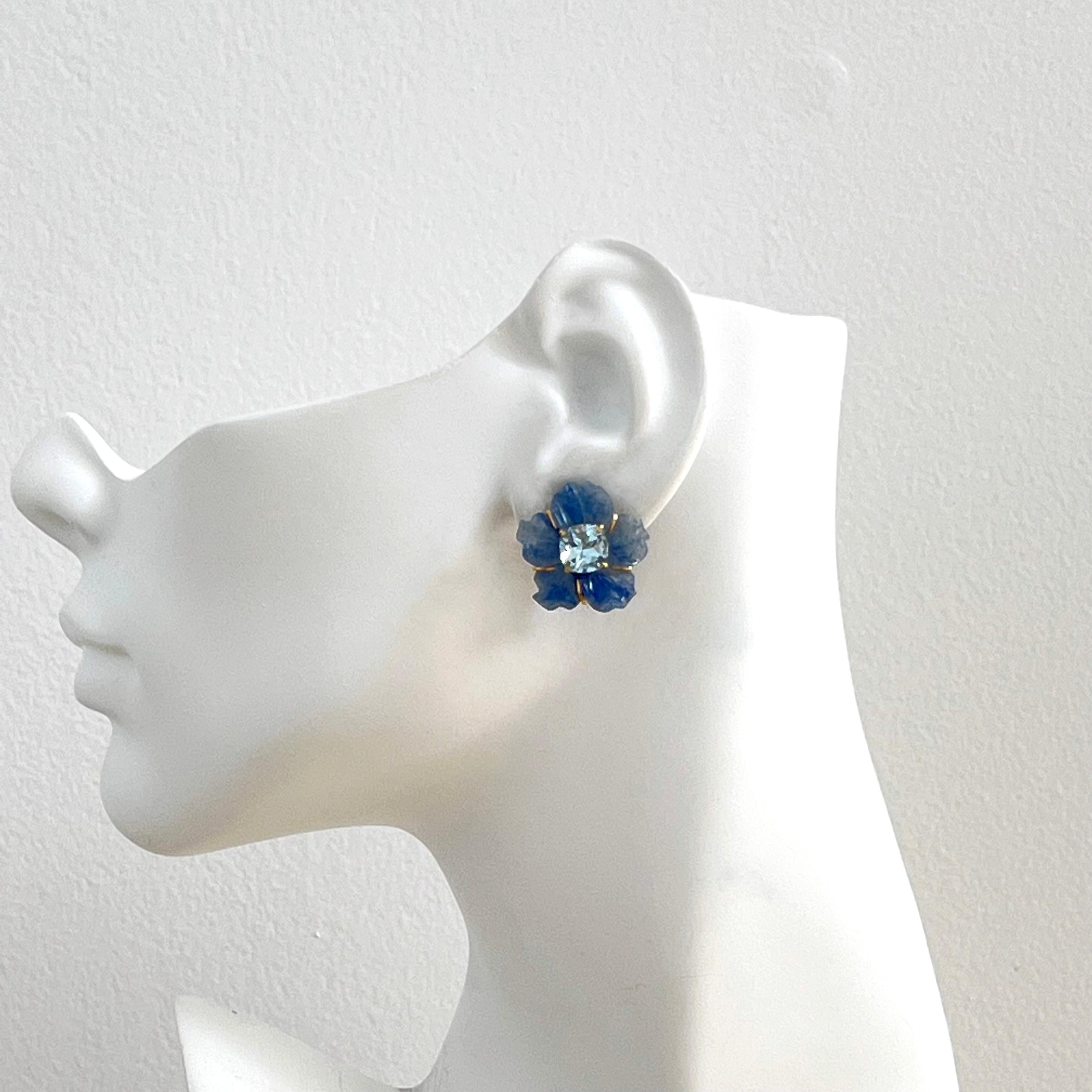 24mm Carved Dumortierite Flower and Cushion Blue Topaz Vermeil Earrings For Sale 2