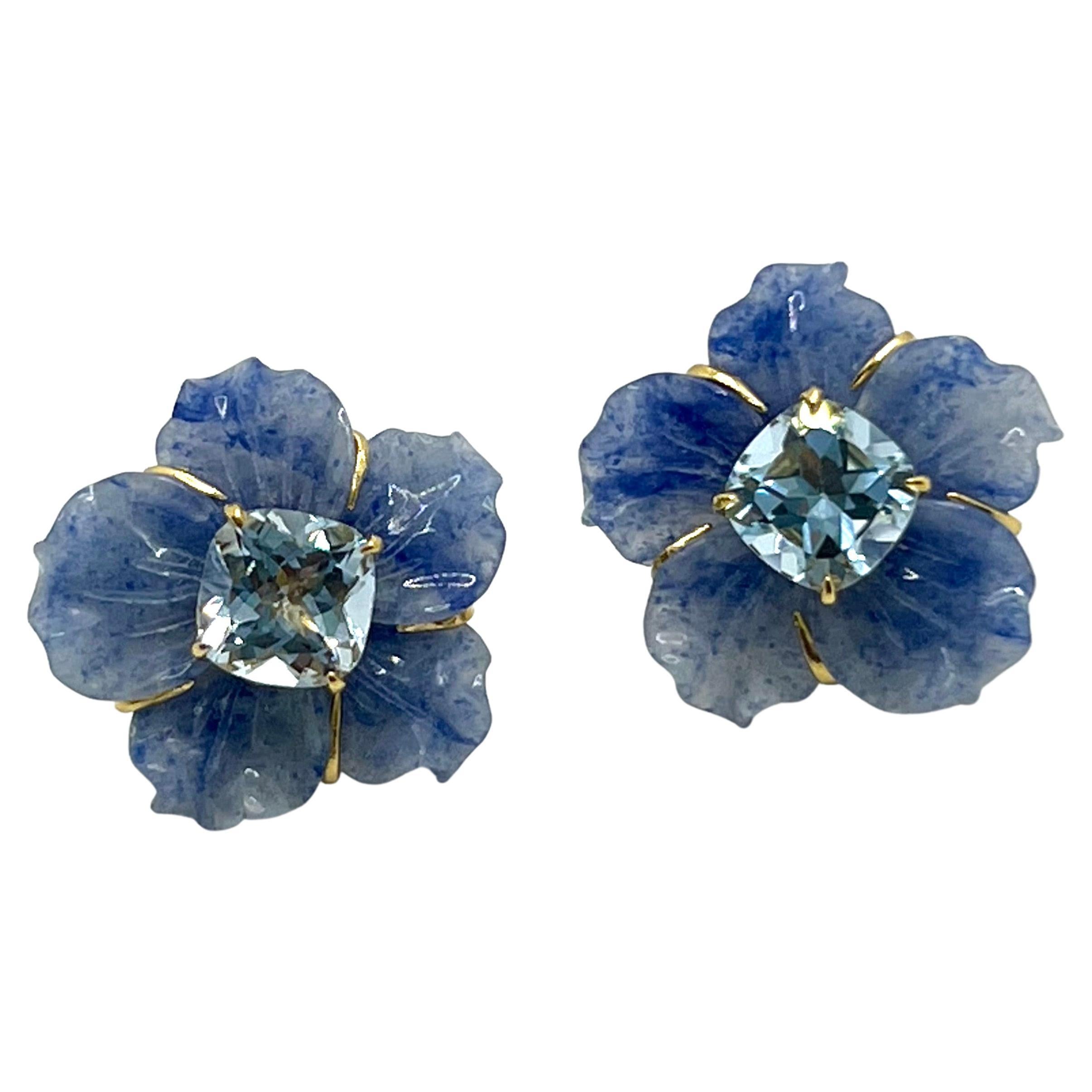 24mm Carved Dumortierite Flower and Cushion Blue Topaz Vermeil Earrings For Sale