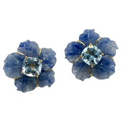 24mm Carved Dumortierite Flower and Cushion Blue Topaz Vermeil Earrings