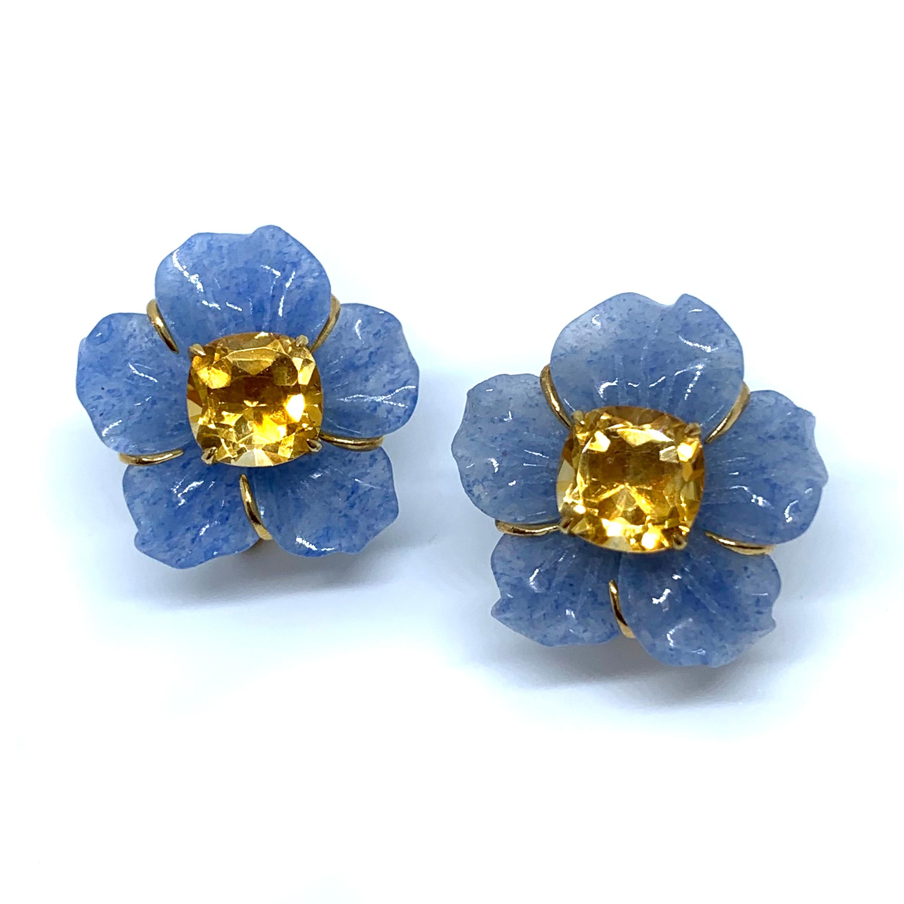 Artisan 24mm Carved Dumortierite Flower and Cushion Citrine Vermeil Earrings For Sale