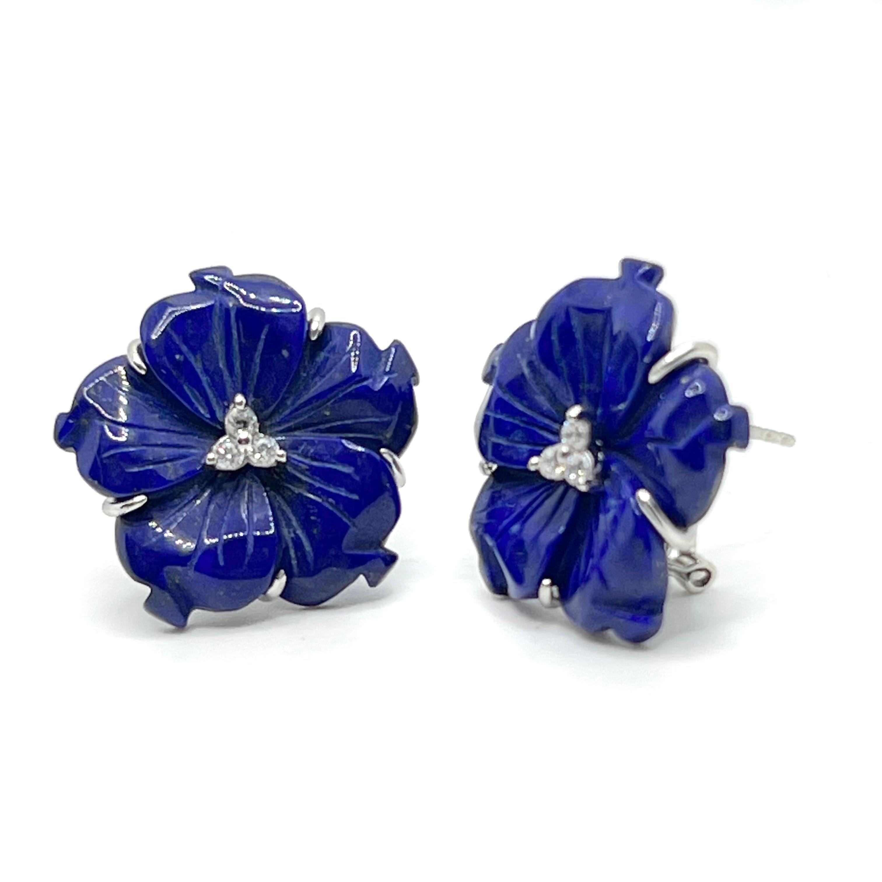 Artisan 24mm Carved Lapis Lazuli Flower Earrings For Sale