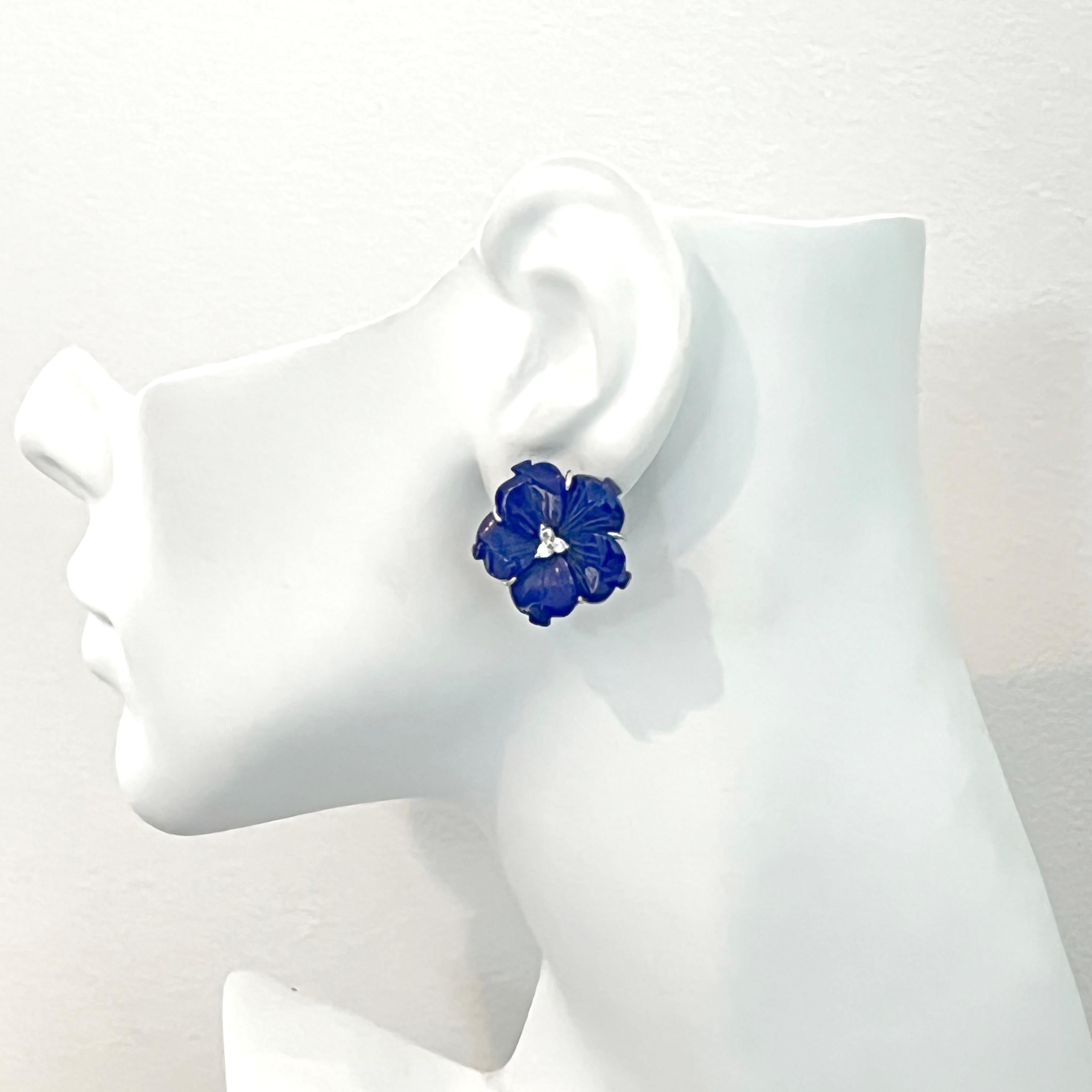 Women's 24mm Carved Lapis Lazuli Flower Earrings For Sale