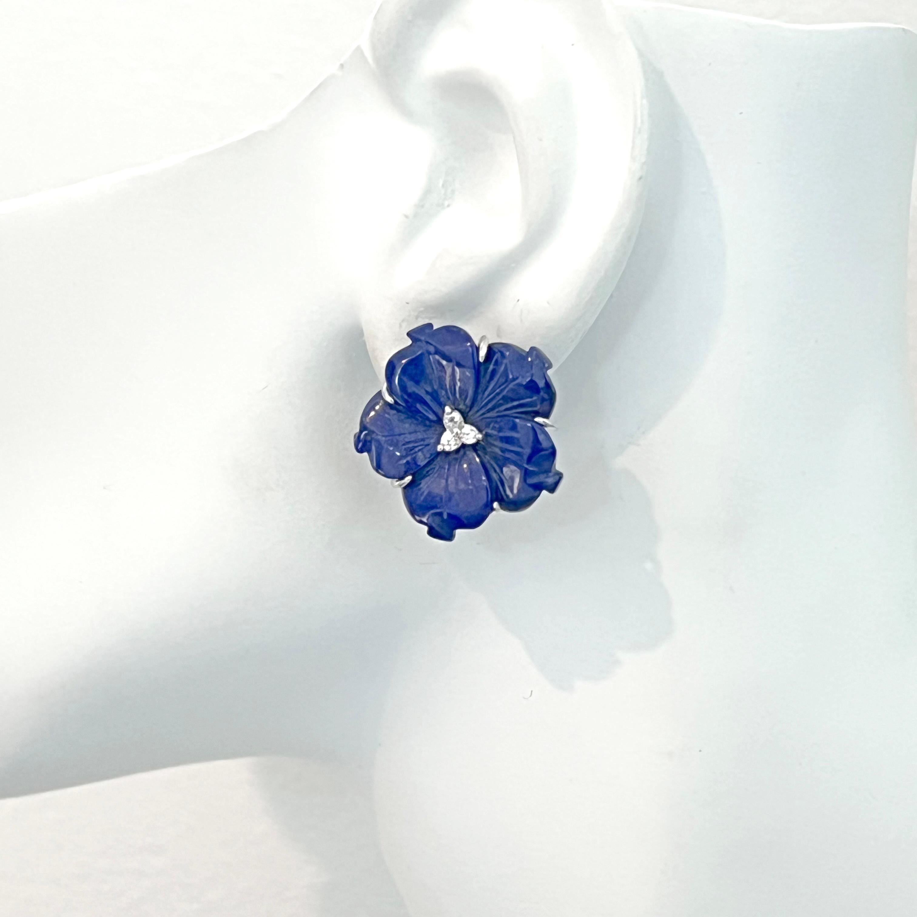 24mm Carved Lapis Lazuli Flower Earrings For Sale 1