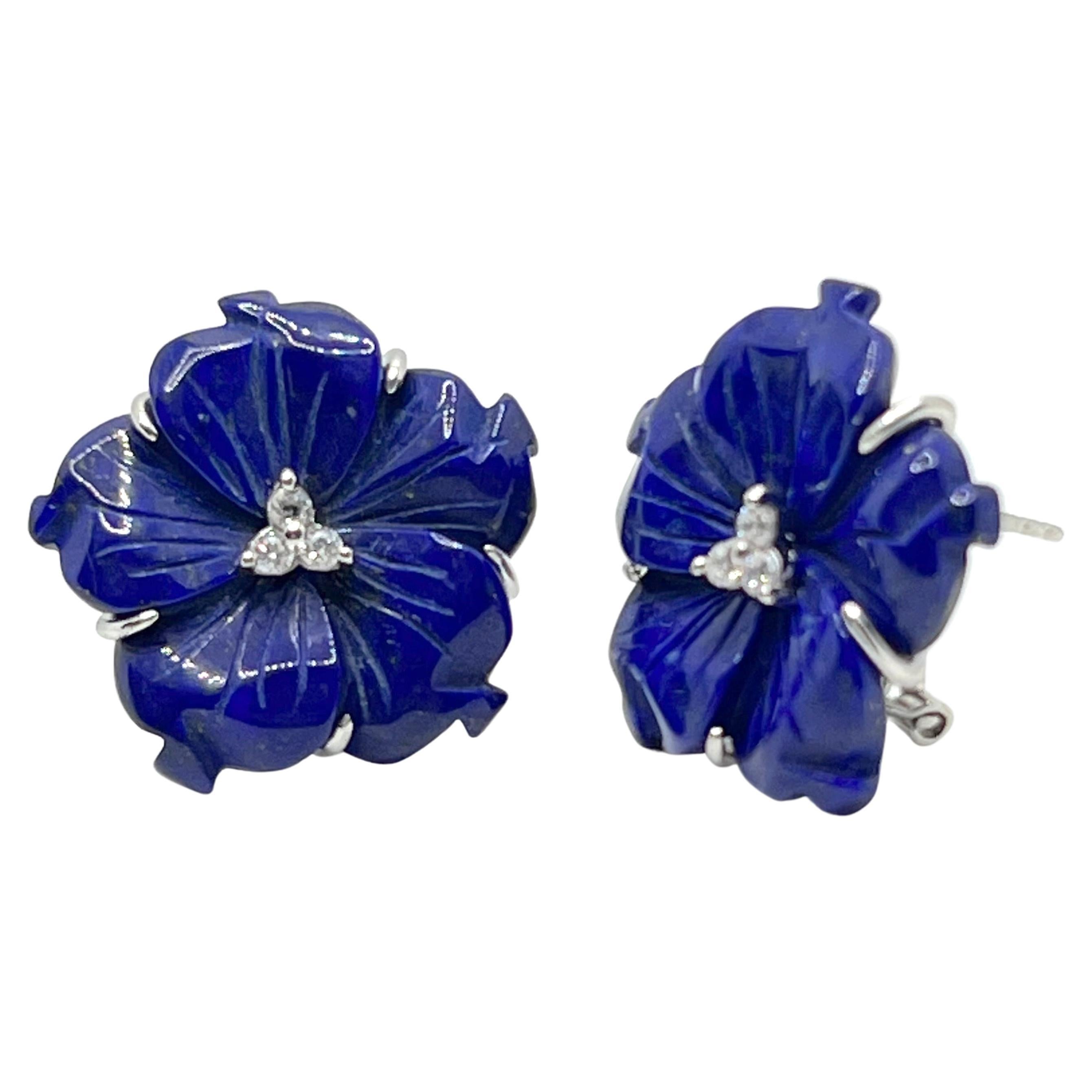 24mm Carved Lapis Lazuli Flower Earrings For Sale