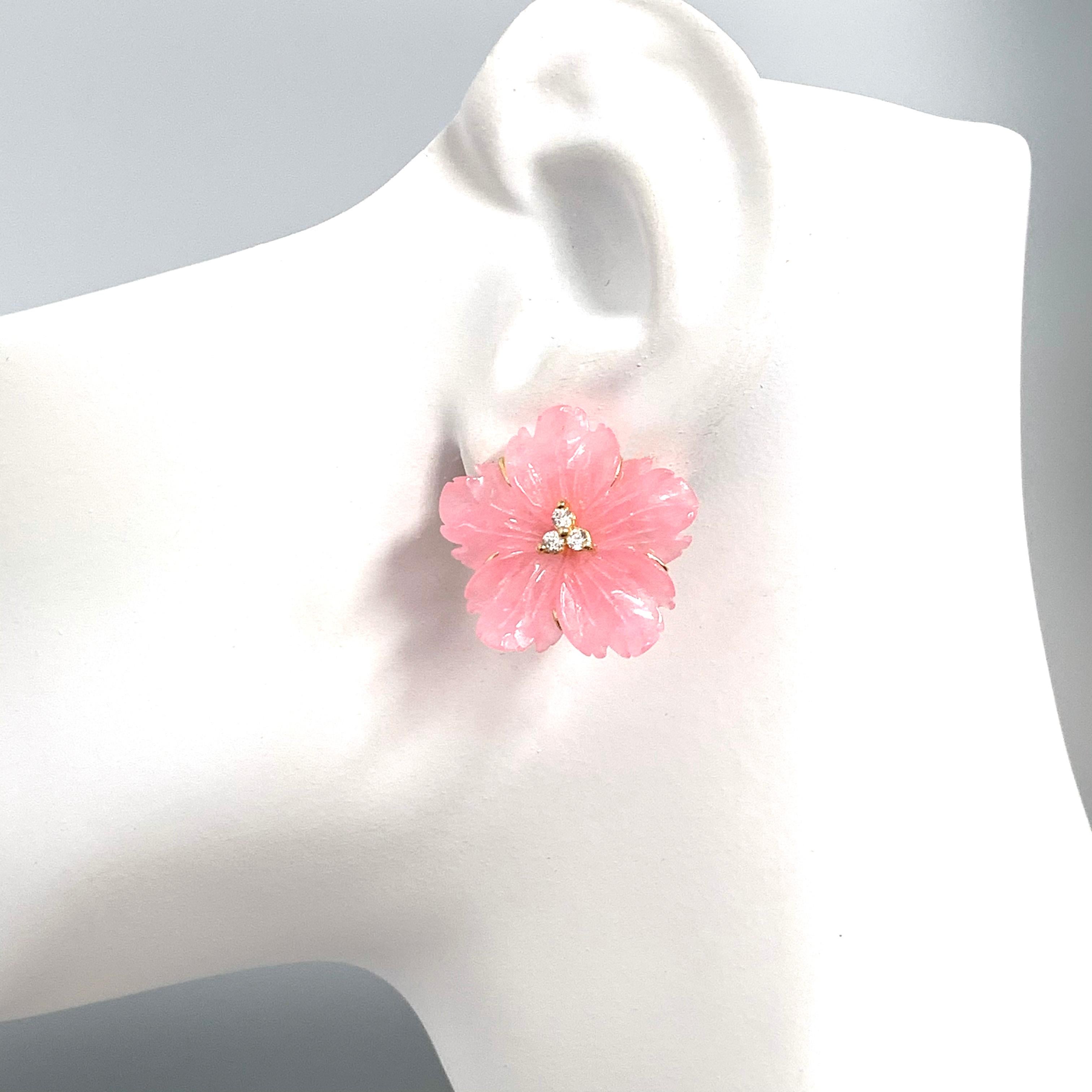24mm Carved Pink Quartzite Flower Vermeil Earrings In New Condition In Los Angeles, CA
