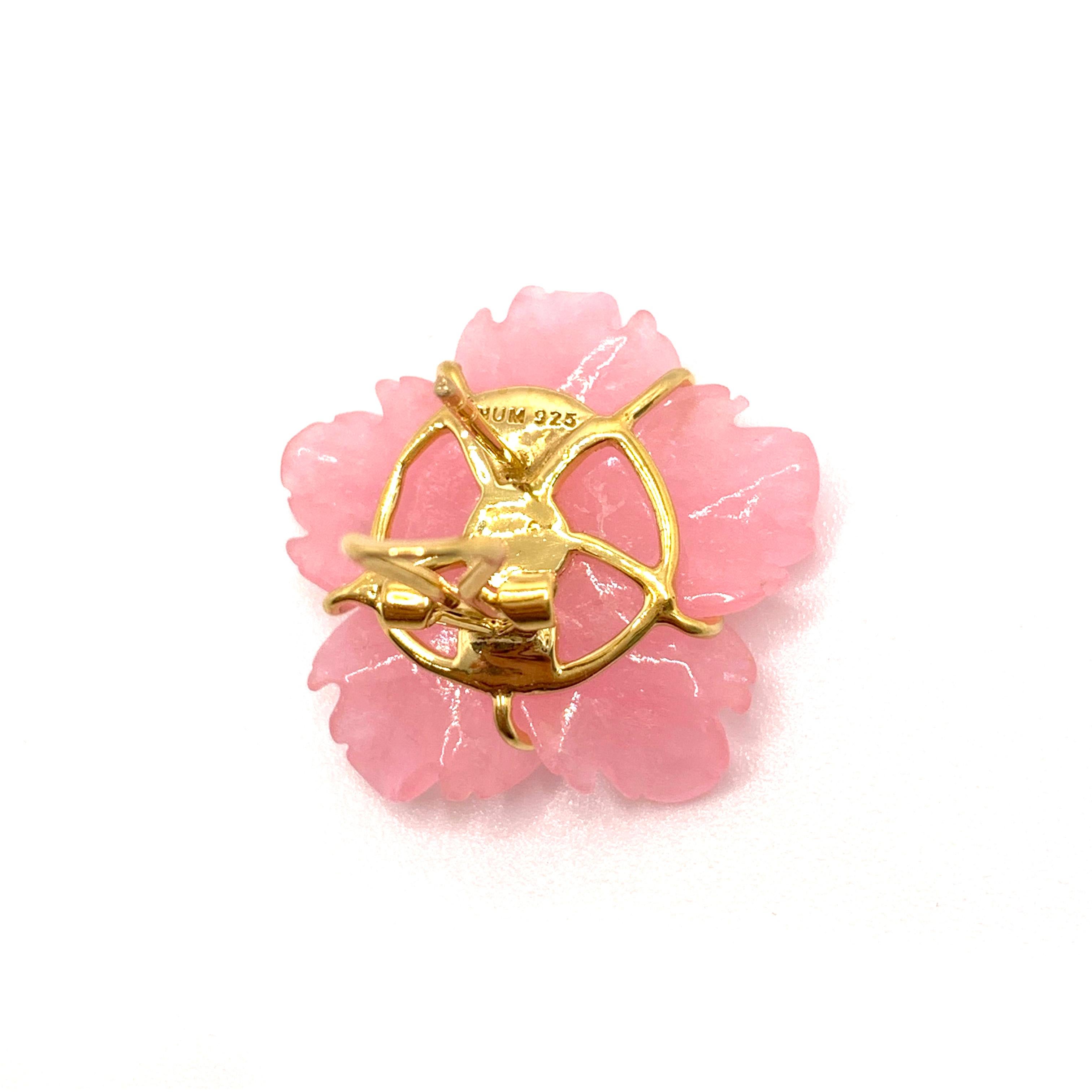 24mm Carved Pink Quartzite Flower Vermeil Earrings 2