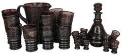 24p Venetian Italy Amethyst Silver Overlay Bar Set Decanter Pitcher Shot Glasses
