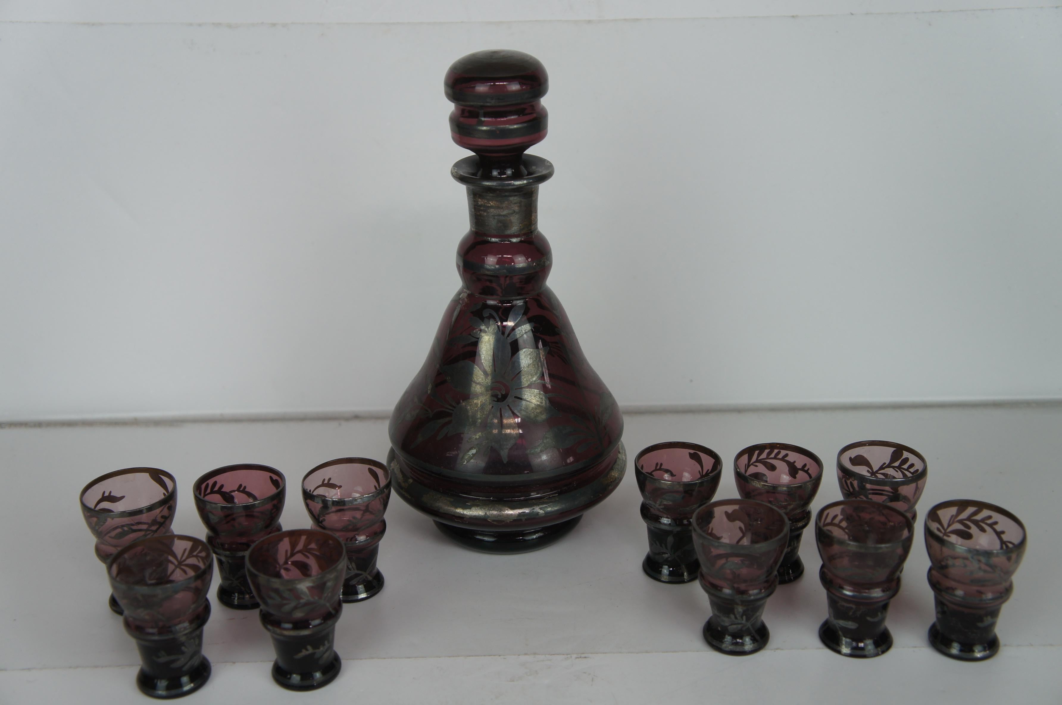 20th Century 24p Venetian Italy Amethyst Silver Overlay Bar Set Decanter Pitcher Shot Glasses