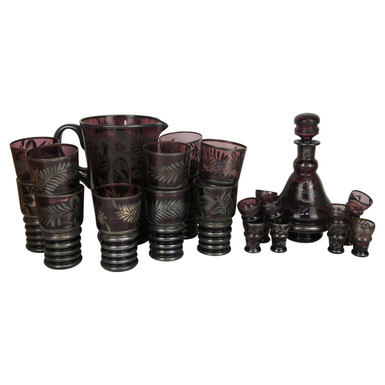 24p Venetian Italy Amethyst Silver Overlay Bar Set Decanter 