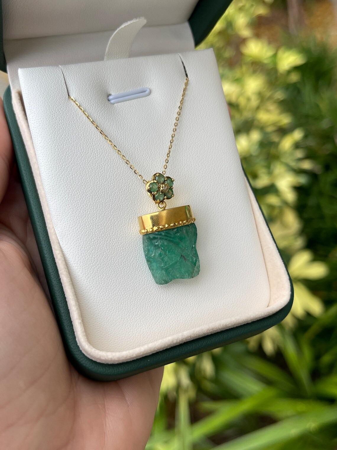 Art Deco 24tcw 14K Carved Rough Colombian Emerald Crystal Floral Gold Pendant Necklace For Sale