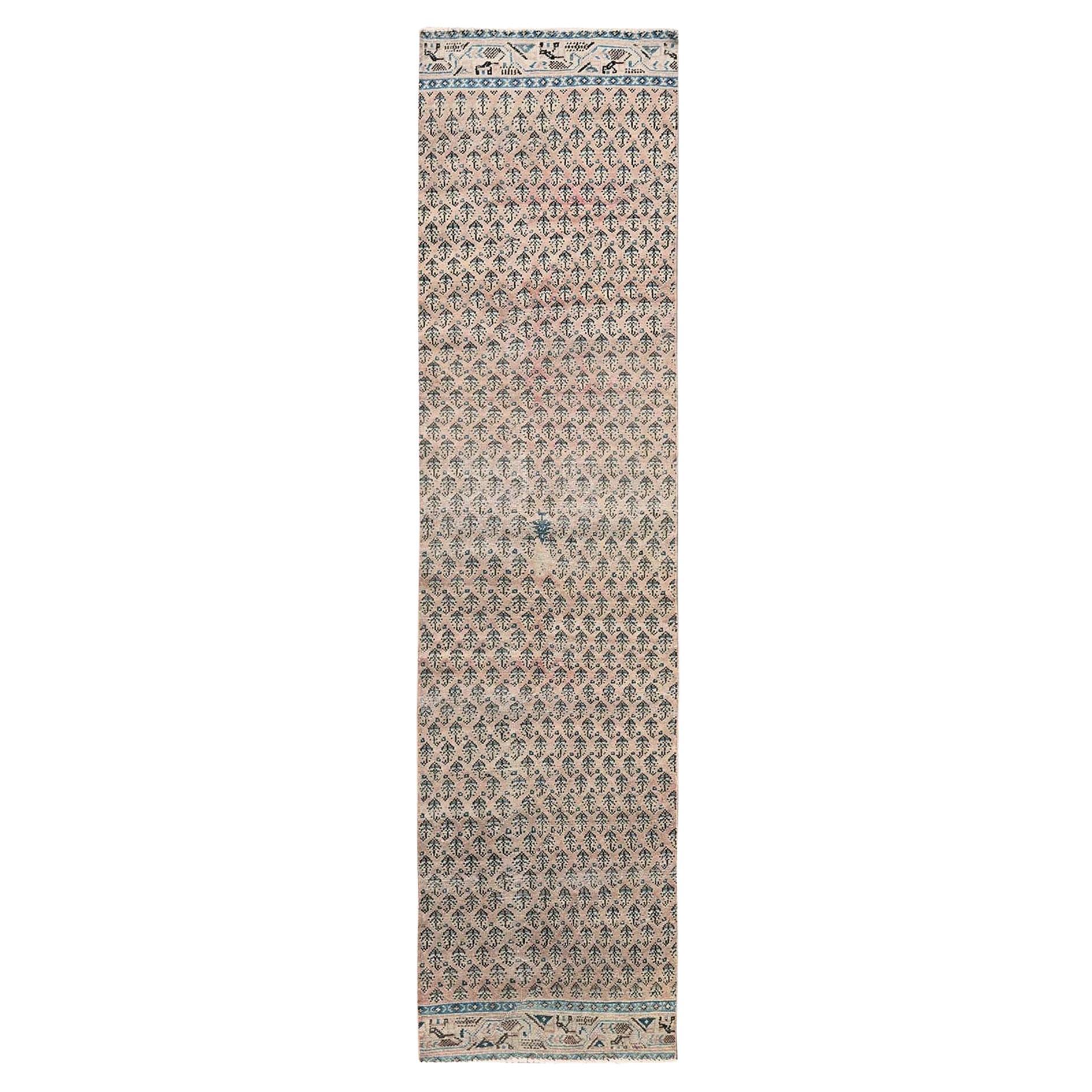 2'4"x10'1" Peach Color Vintage Persian Tabriz Hand Knotted Pure Wool Runner Rug