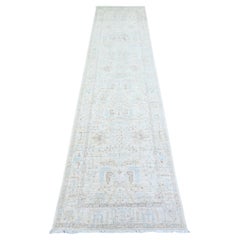 2'4"x10'2" Ceramic Ivory White Wash Peshawar Wool Hand Knotted Runner Rug