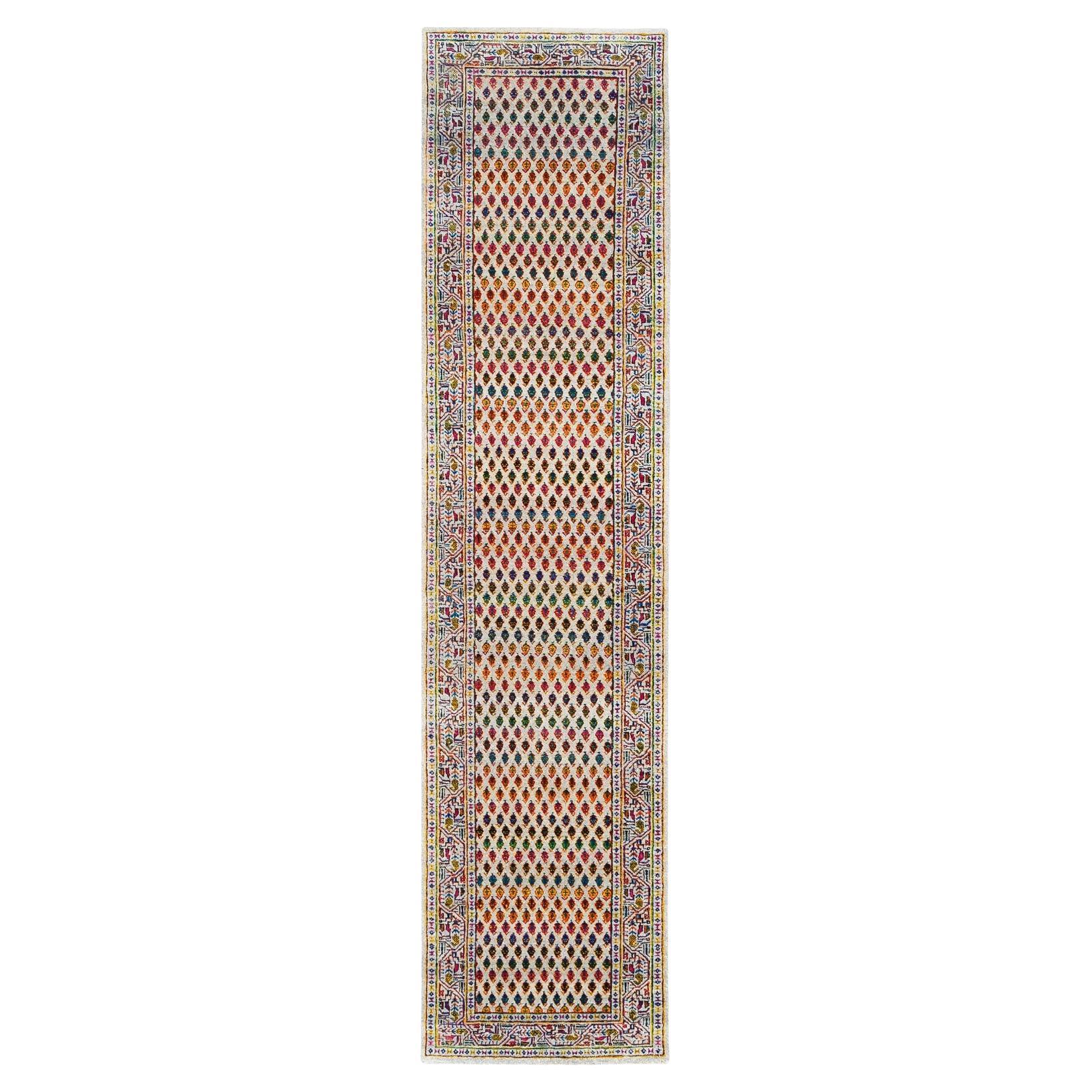 2'4"x10'2" Colorful Wool And Sari Silk Sarouk Mir Inspired Hand Knotted Rug