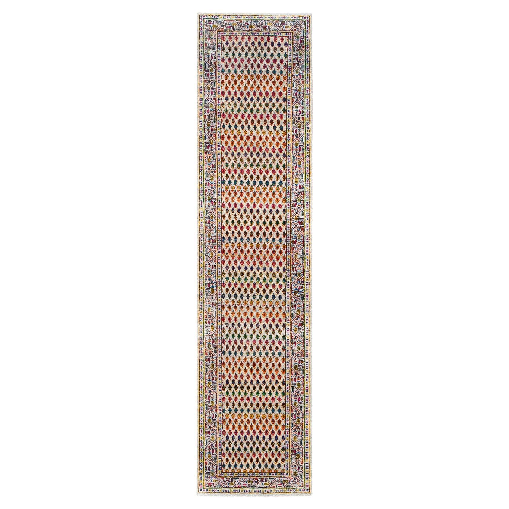 2'4"x10'2" Colorful Wool And Sari Silk Sarouk Mir Inspired Hand Knotted Rug