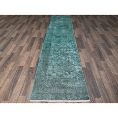 2'4"x10'2" Overdyed Green Vintage Persian Tabriz Hand Knotted Wool Runner Rug