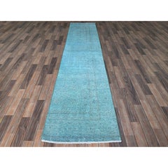Alfombra de pasillo persa vintage de Tabriz, de lana pura, anudada a mano, teñida en azul, de 2'4" x 11'