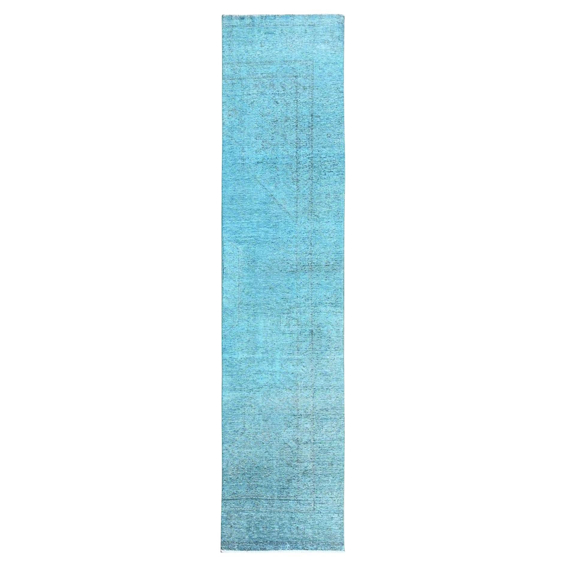 Tappeto Runner in lana Tabriz persiano vintage sovratinto blu annodato a mano 2'4 "x11'2"