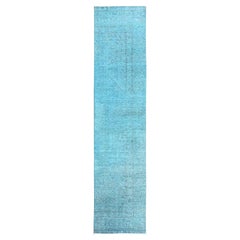2'4"x11'2" Blue Overdyed Vintage Persian Tabriz Hand Knotted All Wool Runner Rug
