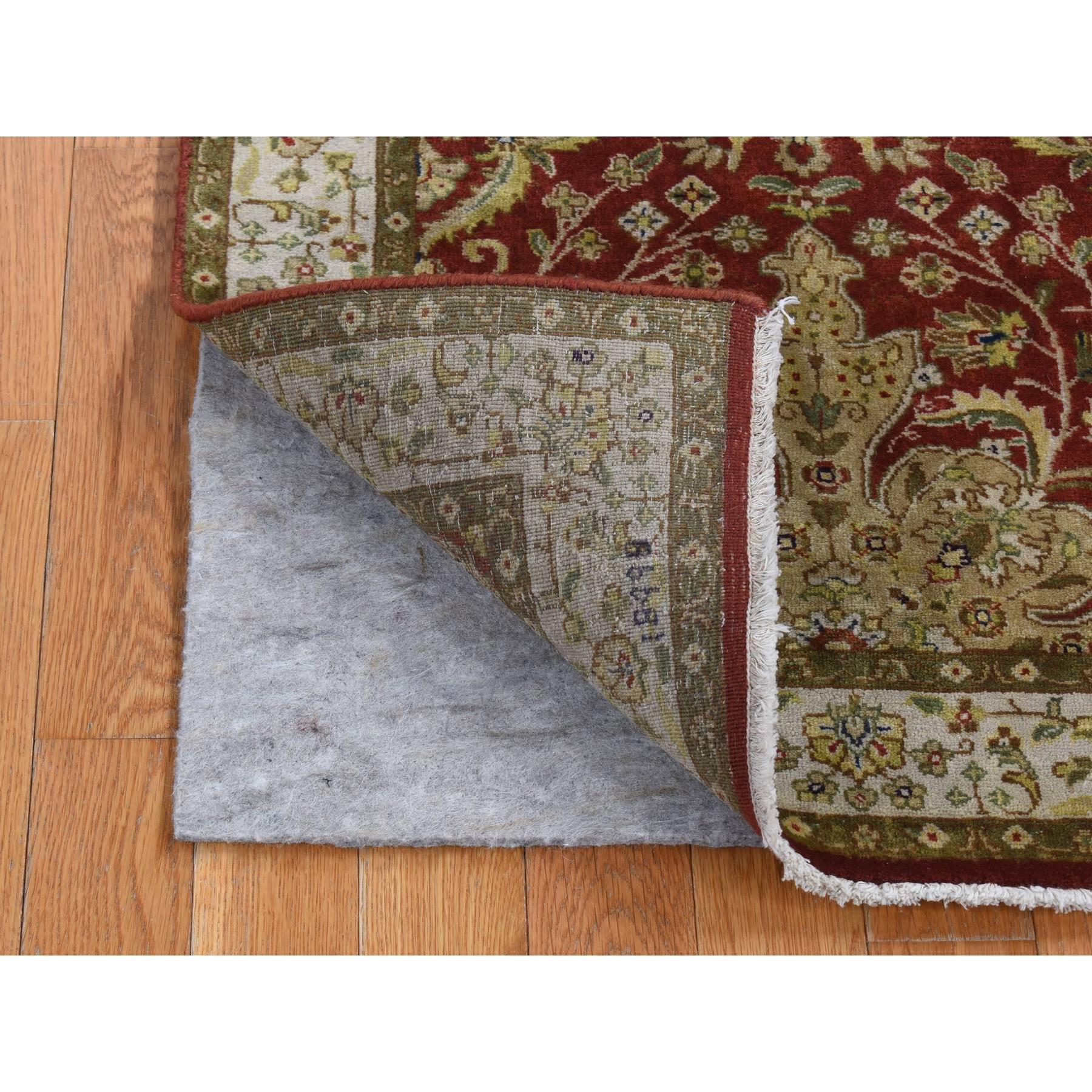 Barn Red, Kashan Revival, New Zealand Wool, Hand Knotted, 300 KPSI, Runner Oriental Rug
Primary materials: Wool
Latex: No Pile 
height: 0.25 Inches
Style: Traditional
Primary color: Red
Secondary colors: Brown, Gold, Forest Green, Navy Blue, Olive