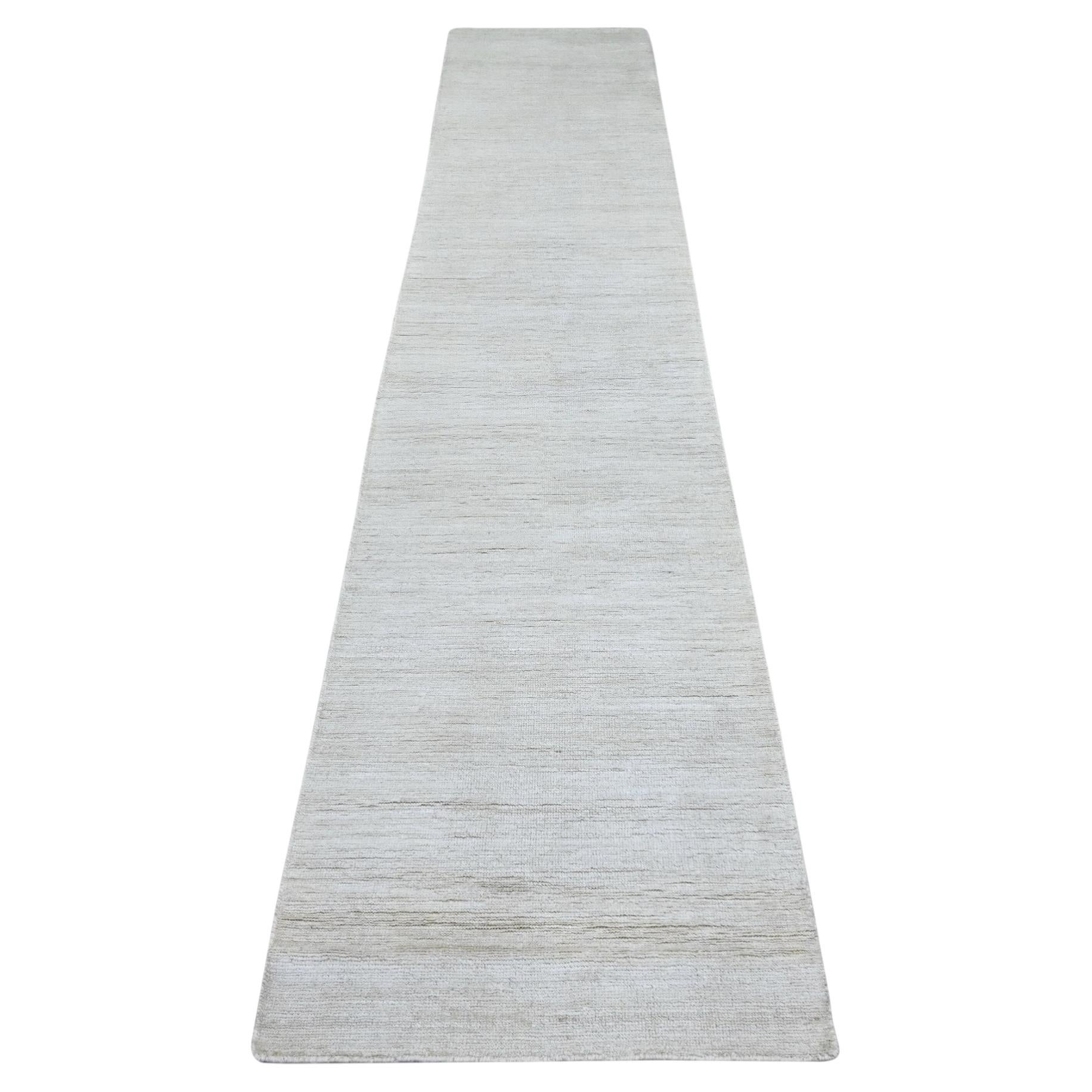2'4"x11'7" Ivory Plain Solid Pattern Hand Knotted Ghazni Wool Runner Rug