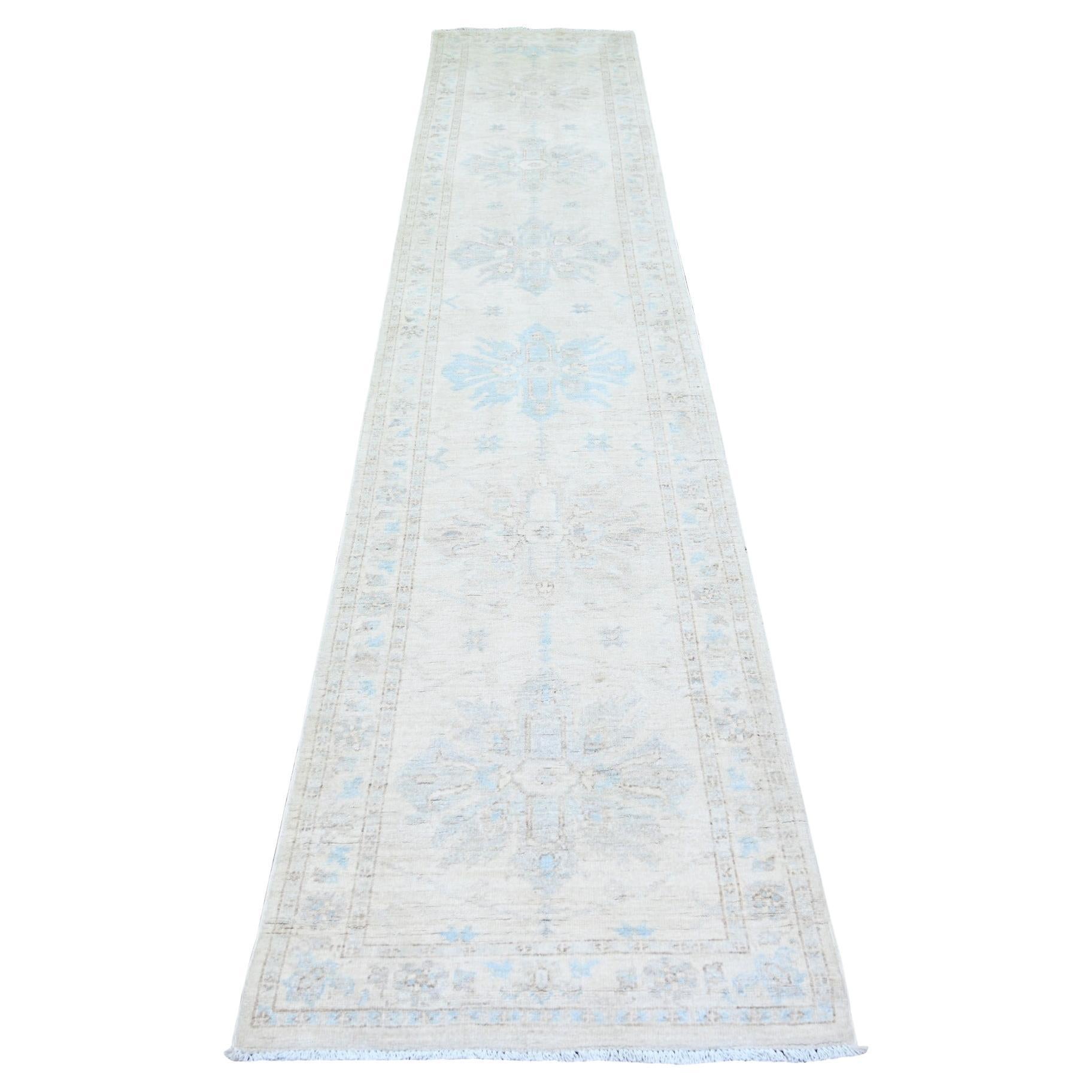 2'4 "x11'7" Elfenbein Weiß Waschen Peshawar Extra Weich Wolle Handgeknüpft Läufer Teppich
