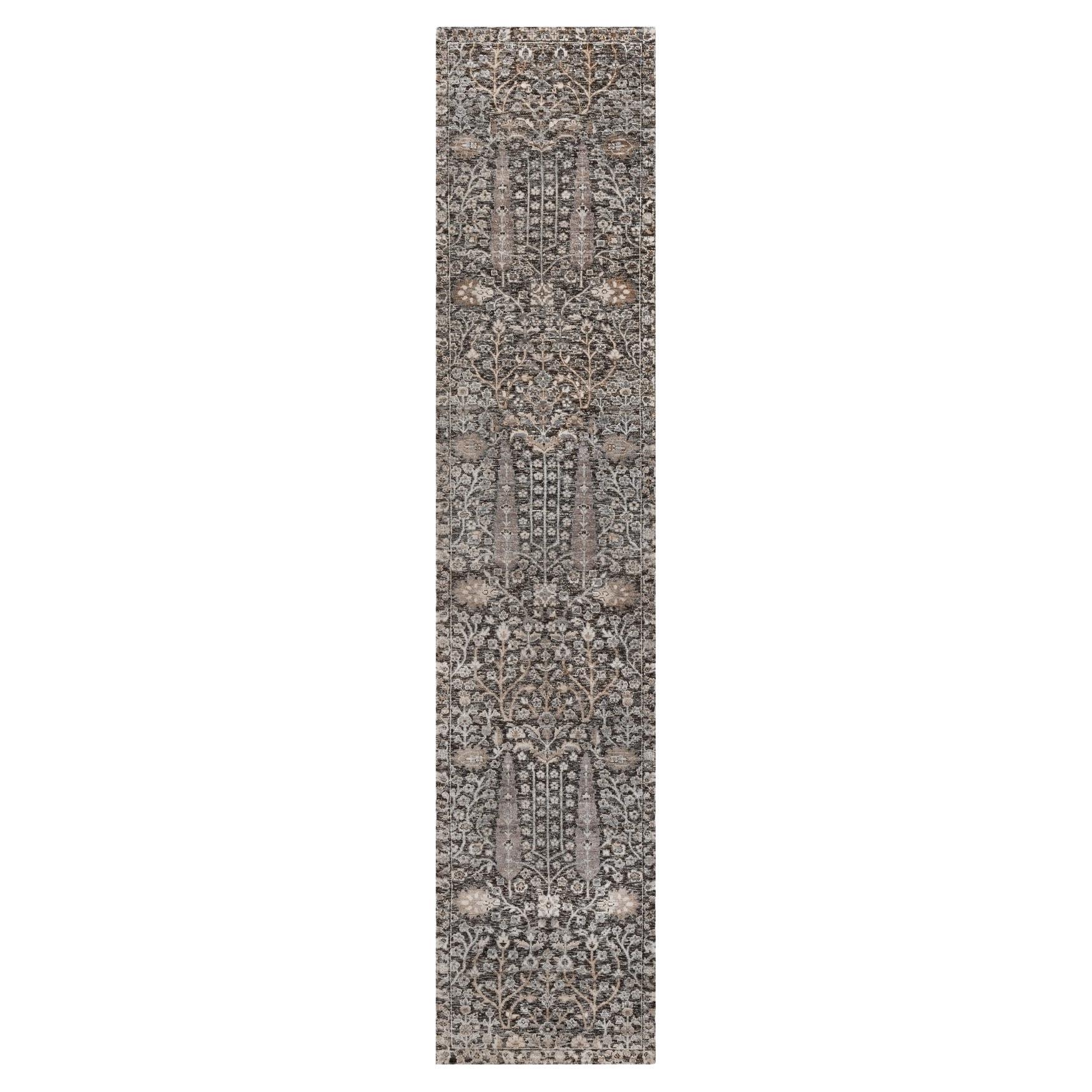 2
4"x12
 Brown Cypress Tree Design Textured Wool and Silk Hand Knotted Rug For Sale