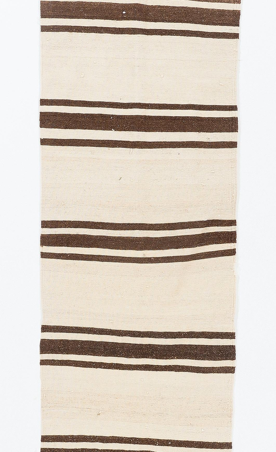 Turkish 2.4x15 Ft Handmade Vintage Striped Kilim Runner Made of Natural Un-Dyed Wool For Sale