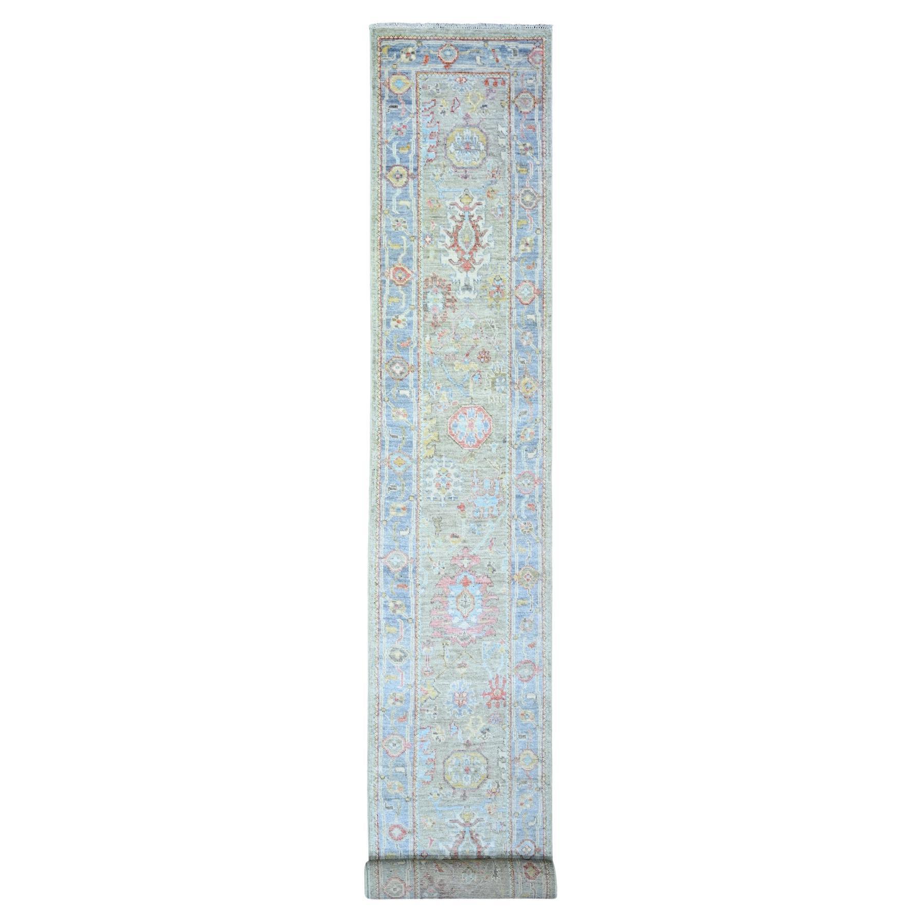 2'4"x19'8" Cloud Gray, Wool Hand Knotted, Afghan Angora Oushak XL Runner Rug For Sale