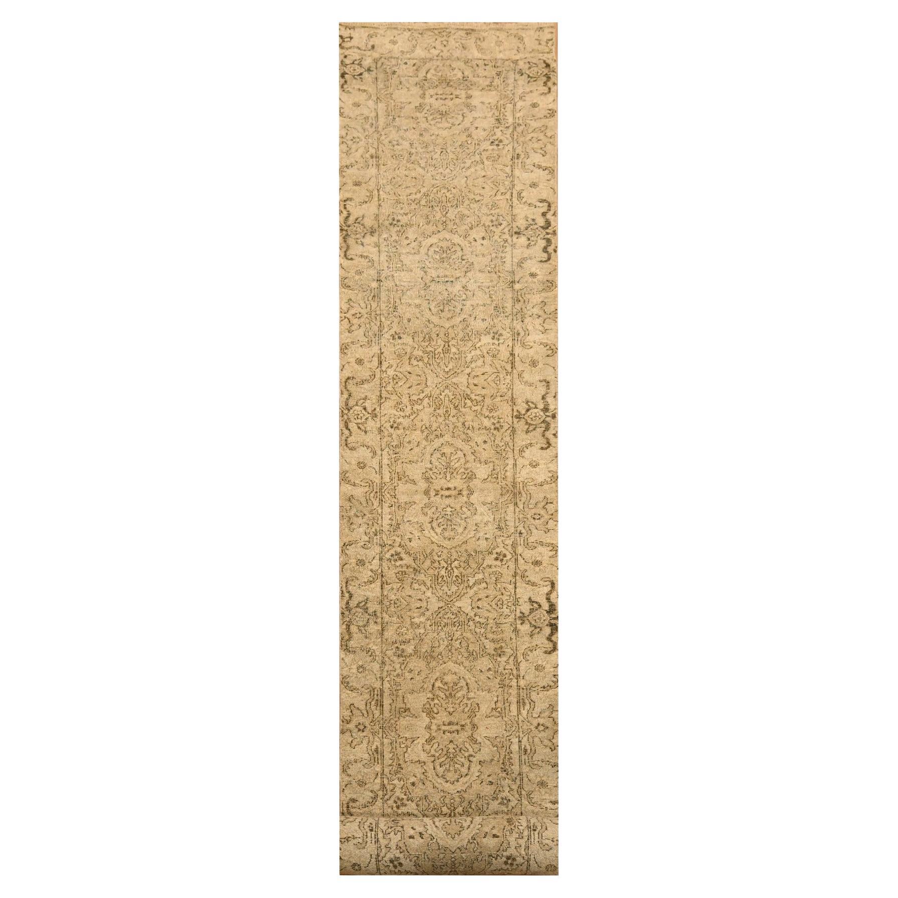 2'4"x20' Brown Agra Medallion Design Zero Pile Hand Knotted All Wool Runner Rug For Sale