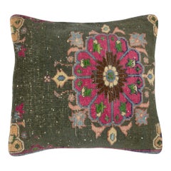 24"x24" Hand-knotted Green Rug Cushion Cover. Vintage Throw Pillow. Home Gift