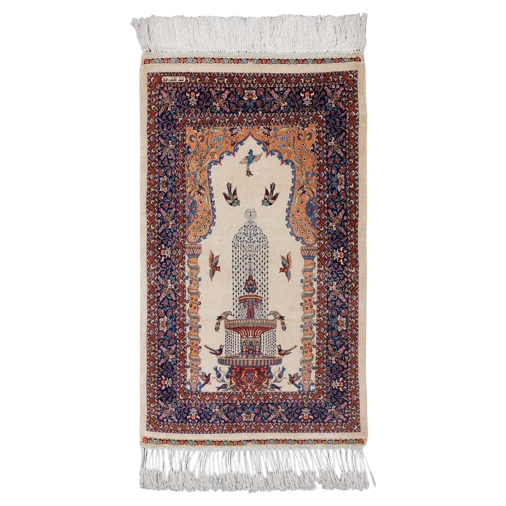 Antique 24 x 24 Quality Signed Silk Hereke Rug - Mid 20th Century
