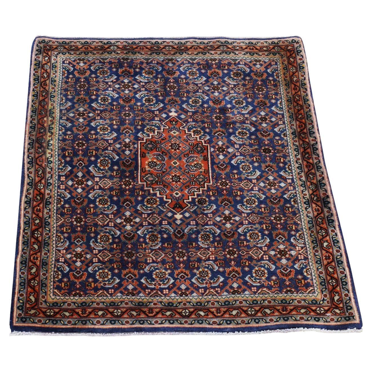 Tappeto quadrato Yale Blue Vintage Persian Bidjar Wool Annodato a mano 300 KPSI