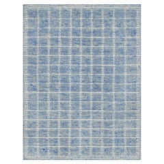 2'4"x3' Imperial Blue Modern Plain Box Design Pure Wool Loomed Knotted Mat Rug