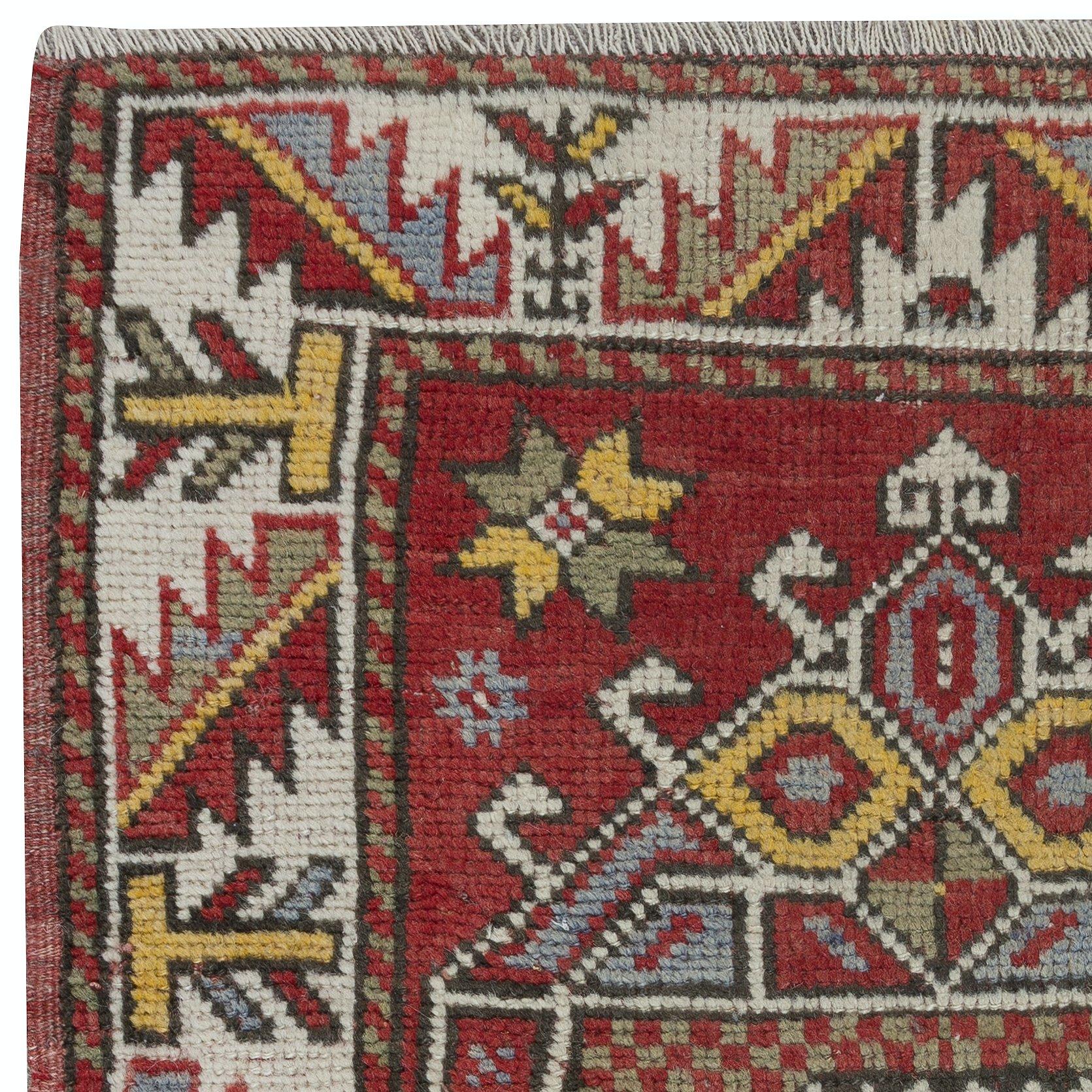 Hand-Knotted 2.4x3.2 Ft Handmade Geometric Medallion Design Rug, Vintage Turkish Red Carpet For Sale