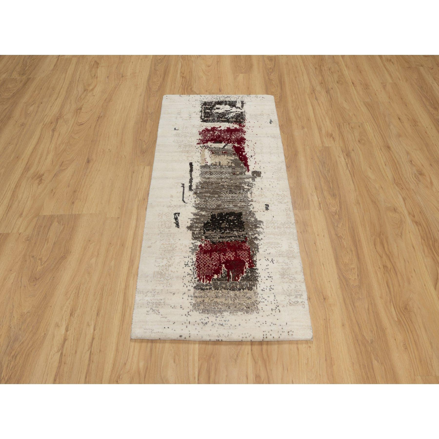 Parchment White, Hand Knotted, Lori Buft Gabbeh with Avant Garde Design, Thick and Plush, Pure Wool, Soft Pile, Short Runner, Oriental Rug
Primary materials: Wool
Latex: No Pile 
height: 0.25 Inches
Style: Transitional
Primary color: Ivory
Secondary