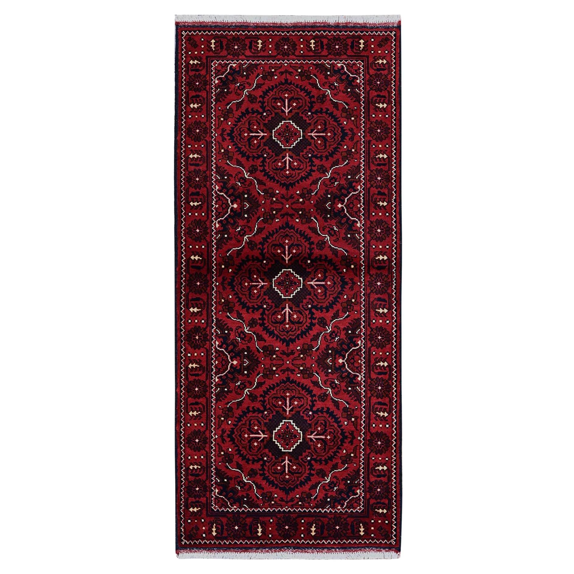 2
4
x5
2" Red Afghan Khamyab with Tribal Design Hand Knotted All Wool Runner Rug For Sale