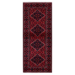 2'4"x5'8" Red Afghan Khamyab with Geometric Pattern Wool Hand Knotted Runner Rug