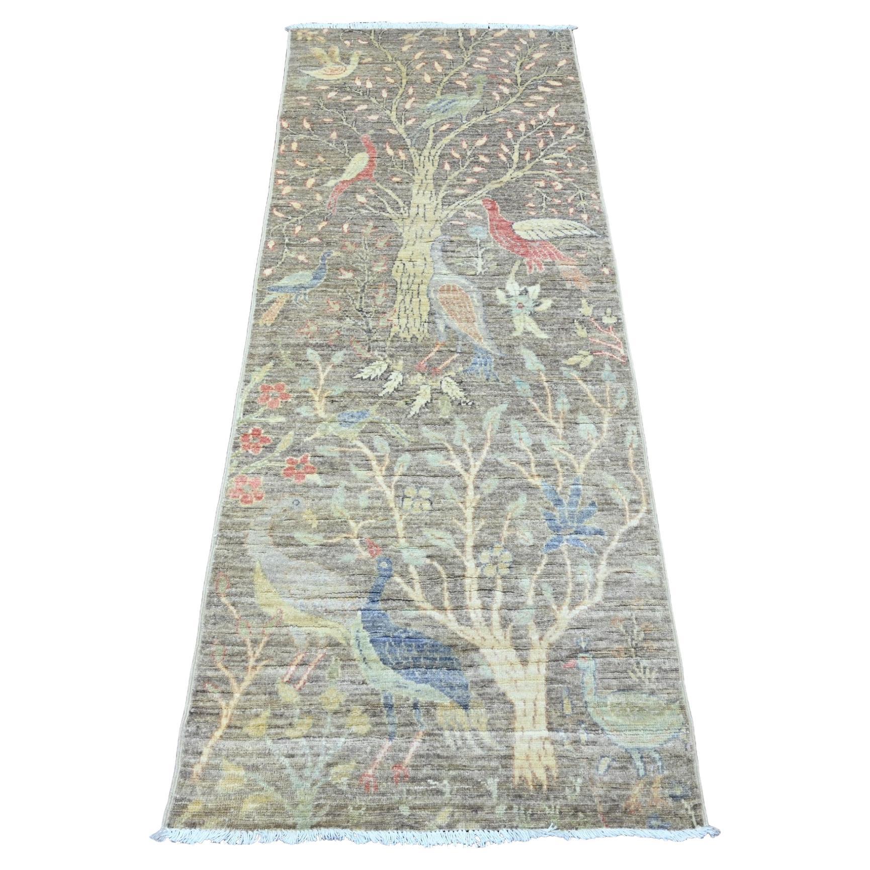 2'4 "x6'1" Stone Gray annodato a mano Afghan Peshawar Birds Design Tappeto Runner in Lana