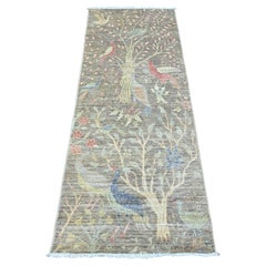 2'4 "x6'1" Stone Gray annodato a mano Afghan Peshawar Birds Design Tappeto Runner in Lana