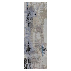 2'4"x7'5" Gray Abstract Design Wool And Silk Runner Hand Knotted Oriental Rug