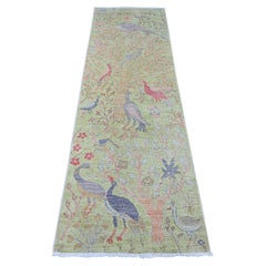 2'4"x7'9" Green Hand Knotted Wool Peshawar Birds of Paradise Design Runner Rug