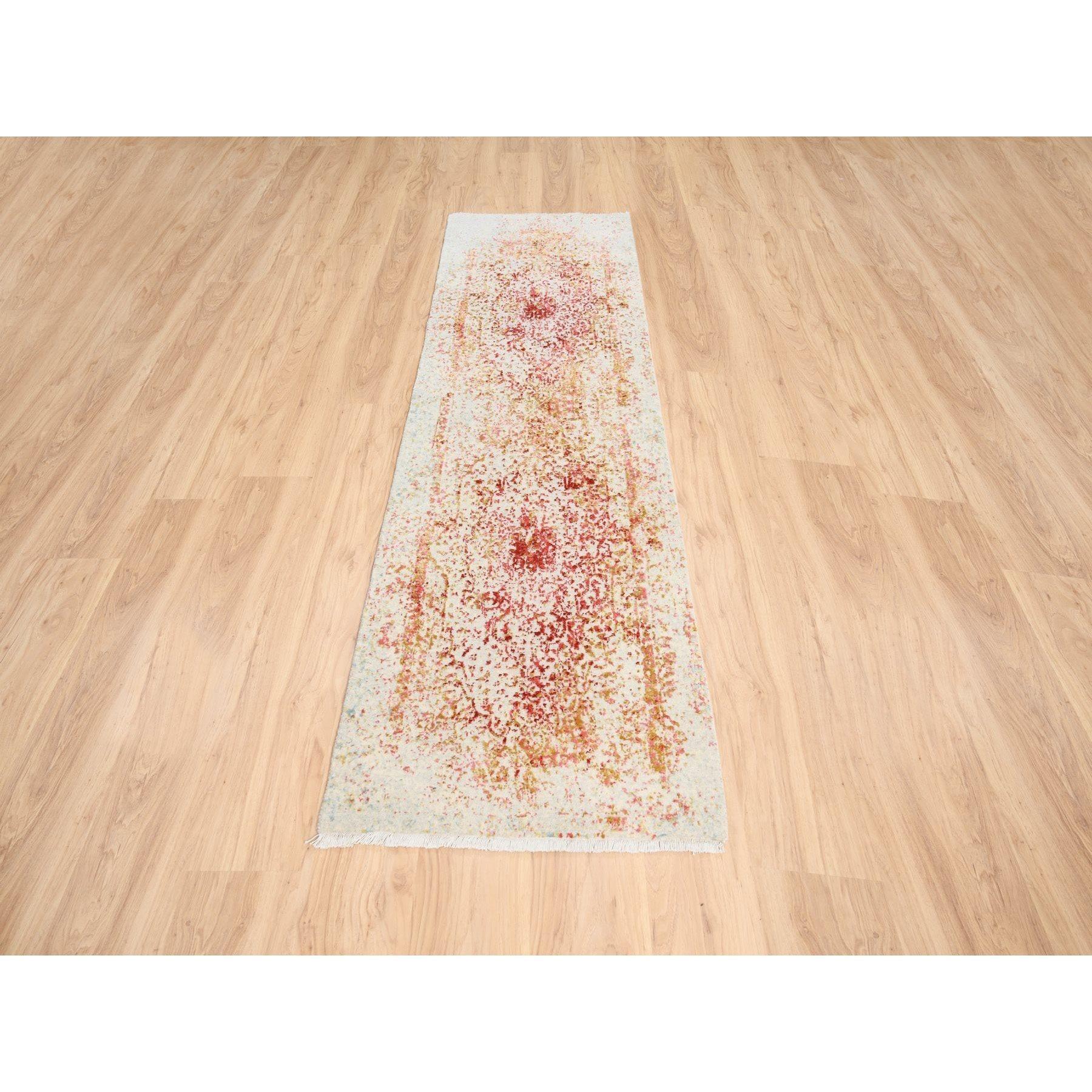 This is a truly genuine one-of-a-kind Hand Knotted Pink Persian Erased Medallion Design Wool and Pure Silk Oriental Runner Rug. It has been Knotted for months and months in the centuries-old weaving craftsmanship techniques by expert