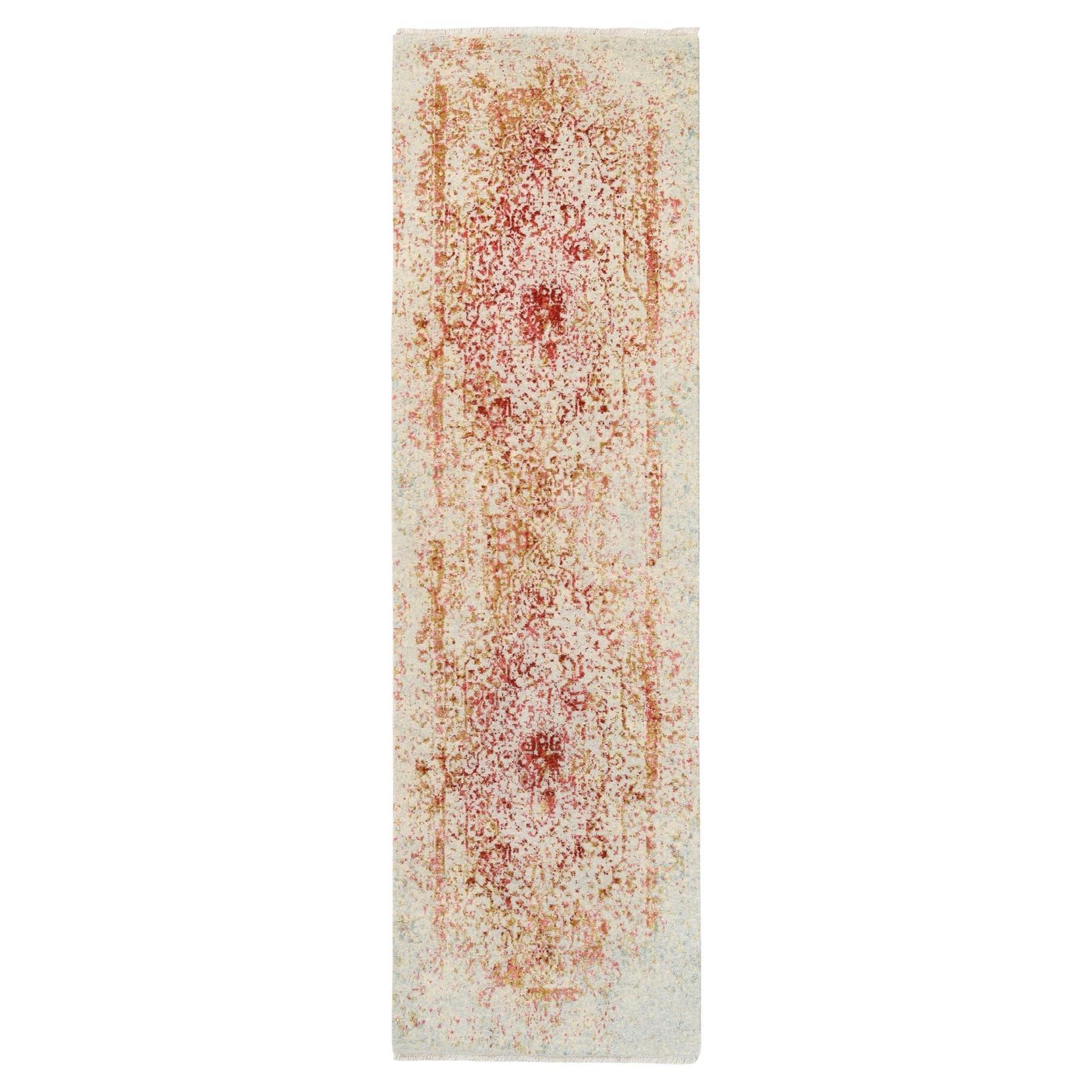 2'4"x8' Hand Knotted Pink Persian Erased Design Wool and Pure Silk Runner Rug For Sale