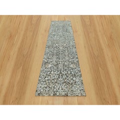 2'4"x8'1" Gray Hand Knotted Silk and Wool Willow and Cypress Tree Design Runner