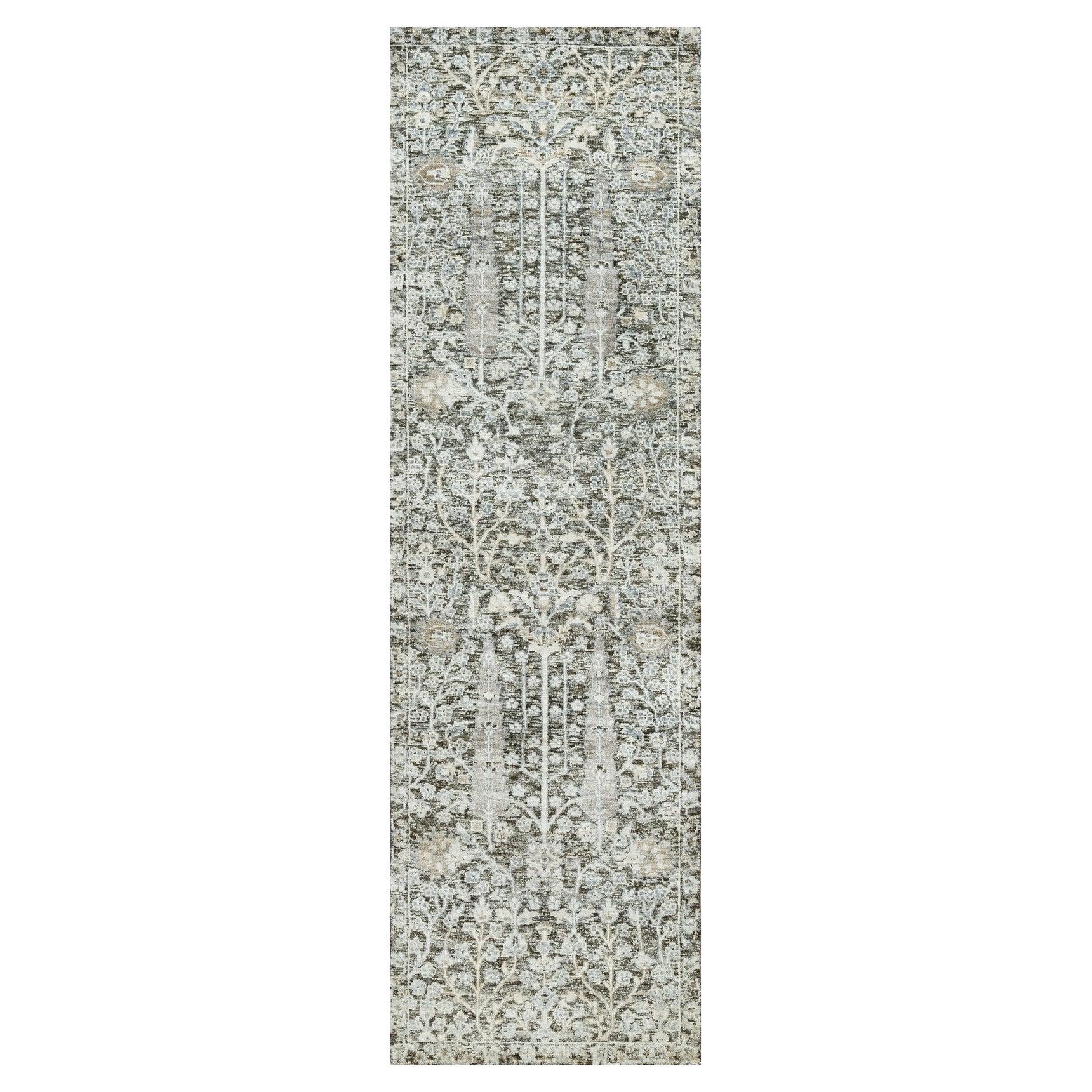 2'4"x8'1" Gray Hand Knotted Silk and Wool Willow and Cypress Tree Design Runner