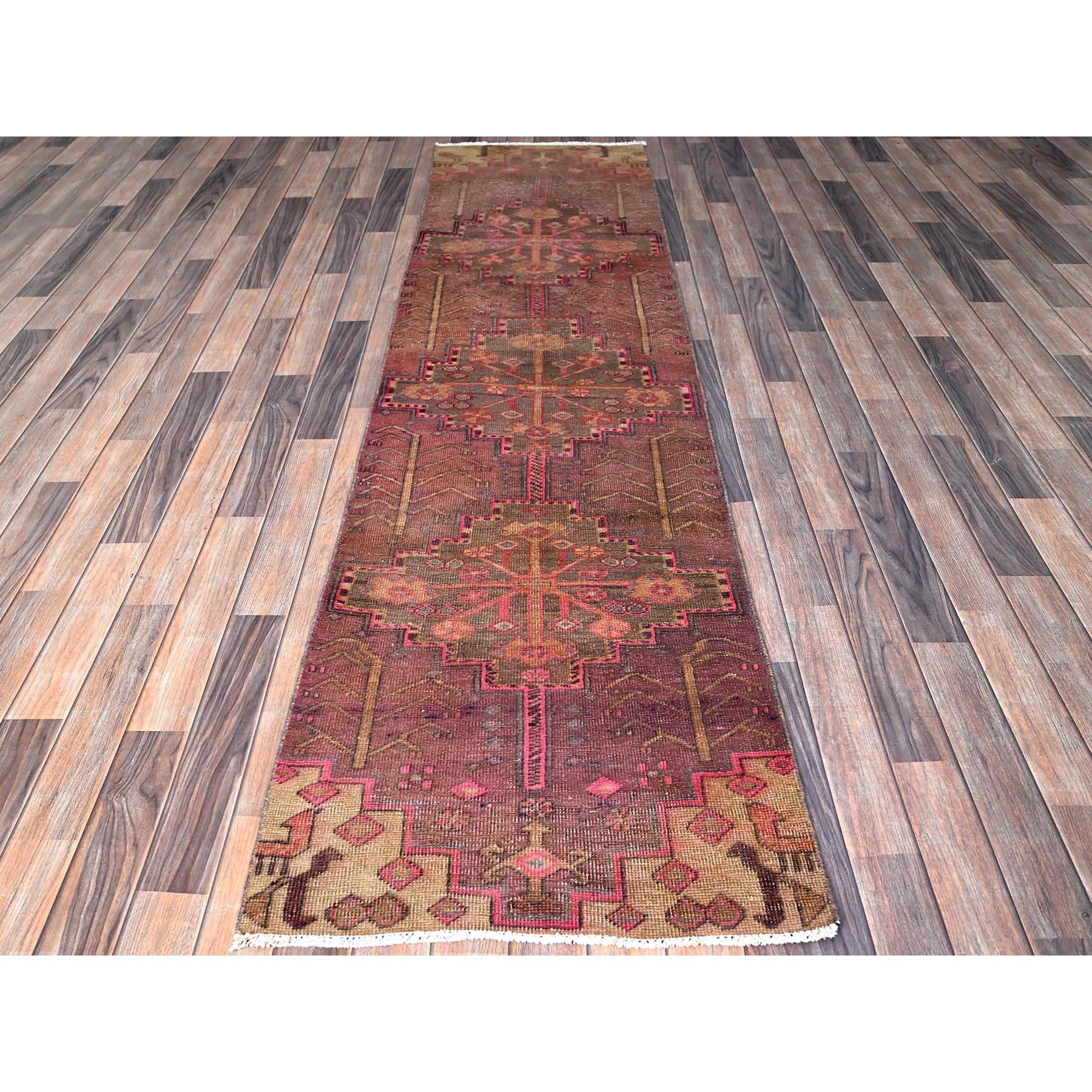 Rosewood Pink, Vintage Northwest Persian with Geometric Pattern, Shaved Down, Zero Pile, Sides and Ends Professionally Secured, Hand Knotted, Pure Wool, Runner, Oriental Rug
Primary materials: Wool
Latex: No Pile 
height: 0.25 Inches
Style: