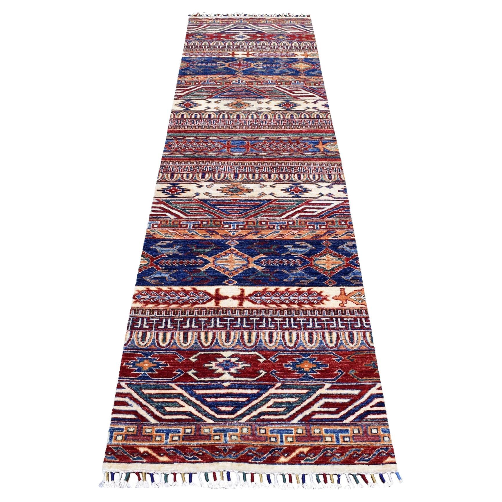 2
4 "x9
1" Khorjin Design Läufer Blau Super Kazak Handgeknüpfter Wollteppich